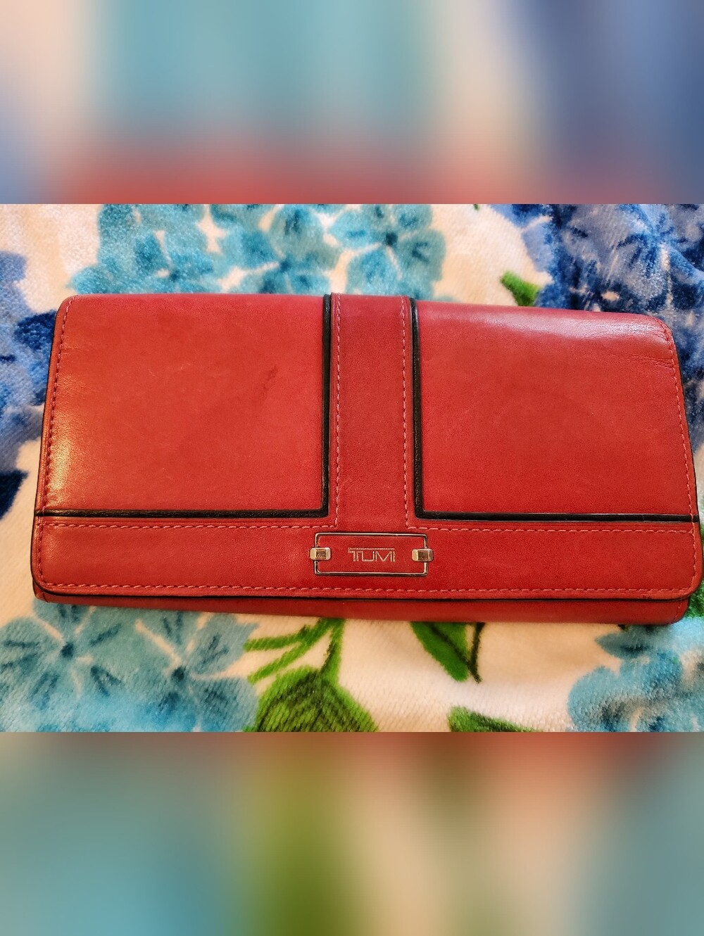 Tumi Red Leather Continental Wallet with Logo Plaque